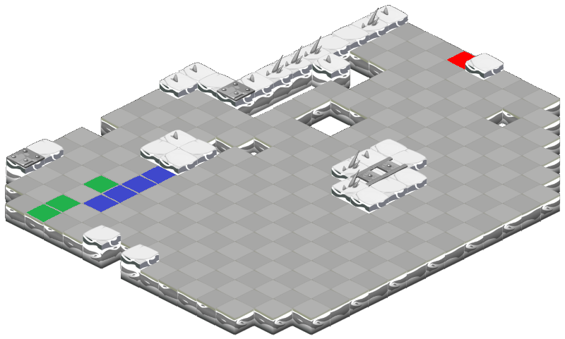 Placement des bombes hors de la ligne de vue des adversaires. Rouge : le boss ; bleu : vos personnages ; vert : les trois bombes