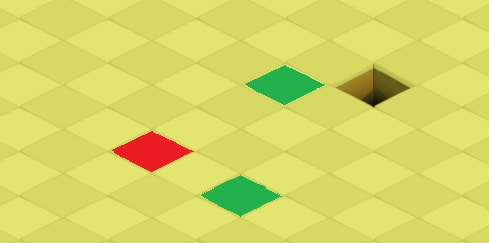 Effet « en ligne » : le Chronomorphe frappé (rouge) et ceux qui perdent l'invulnérabilité (vert)