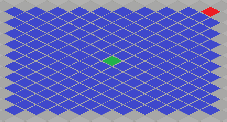 Portée d'un sort à distance de Qilby (case du lanceur en vert, zone d'effet en rouge)